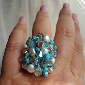 Swarovski Elements Large Turquoise Blue Cluster Statement Ring Handmade NEW